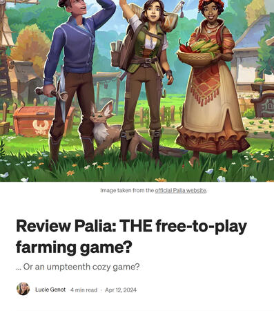 Article on the review of Palia, a farming game, on Medium.